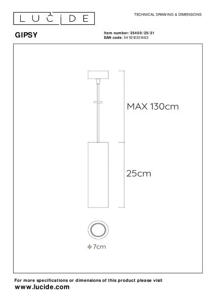 Lucide GIPSY - Lámpara colgante - Ø 7 cm - 1xGU10 - Blanco - técnico